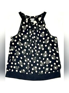 ANN TAYLOR 100% Silk Black & White Polka Dot Sleeveless Blouse Petite Size 4P